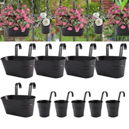 Metal Iron Flower Pots for Railing Fence Hanging Bucket Pots(5 Pcs) and Hanging Flower Pots Metal Iron Bucket Planter(10 Pcs) (Black)