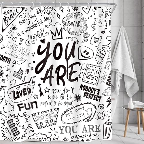 AMBZEK Kids Inspirational Quotes Shower Curtain 60Wx72L Inch Black and White Positive Teens Motivational Artwork Cloth Fabric Waterproof Polyester Bathroom Decor Set with 12 Pack Hooks