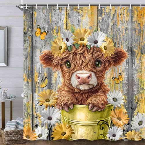 Cute Baby Highland Cow Shower Curtain, Farmhouse Yellow Wooden Daisy Shower Curtain for Bathroom Set, Funny Cattle Rustic Animal Fabric Waterproof Shower Curtain for Bathtub Decor with Hooks 70X70in