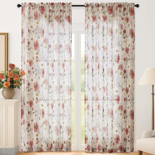 "Lecloud Crushed Sheer Curtains 90 Inches Long 2 Panels Set, Airy Light Filtering Floral Window Curtains, Rustic Rod Pocket Curtain Drapes for Living Room Bedroom Big Windows, 51"" W x 90"" L"
