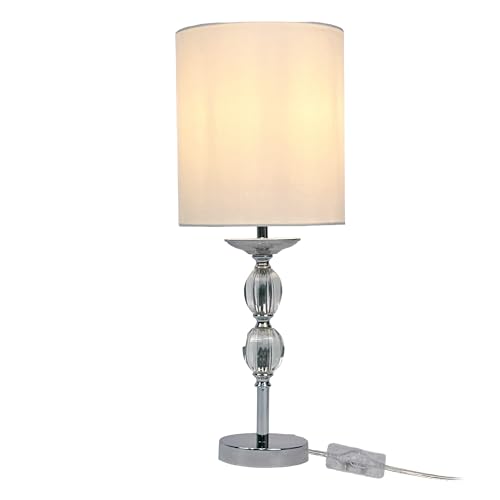 Relaxdays Table Lamp, Glass Base, Fabric Shade, E27, H x D: 50 x 18.5 cm, Crystal Design, Table Lamp with Cable, White/Silver