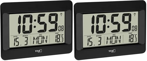TFA Dostmann Digital Wall Clock, 60.4519.01, Radio-Controlled Clock with Indoor Temperature, Day of the Week (8 Languages), Date, Time Zone Setting, Black, Plastic, (L) 215 x (W) 160 x (H) 26 (68) mm