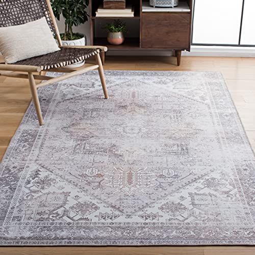 Safavieh Traditional Rug Ideal for High Traffic Areas - Machine Washable and Non Slip - Tucson Collection, Short Pile, in Beige and Grey, 76 x 305 cm