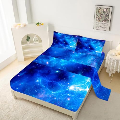 kxry Blue Galaxy Space Fitted Sheet Sets Full and Queen Size for Boys Kids Teens Outer Space Starry Sky Universe Bedding Set with 1 Fitted Sheet + 1 Flat Sheet + 2 Pillow Cases