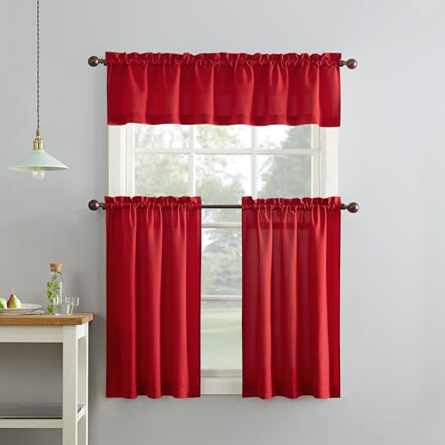 "No. 918 Martine Microfiber Semi-Sheer Rod Pocket Kitchen Curtain Valance and Tiers Set, 54"" x 36"", Red"