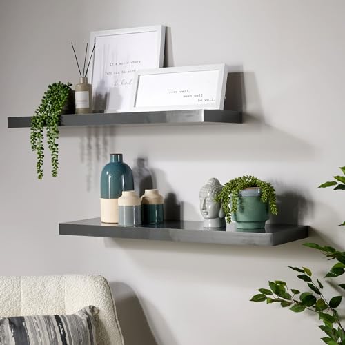 Home Source Pair of 2 Floating Wall Mounted Storage Shelf Wooden DVD Book Shelves, Grey Gloss, 80 cm