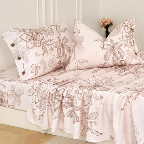 Zusbest California King Sheets Pink Floral Sheet Set 400TC 100% Cotton Flannel-Like Warm Luxury Button Bed Sheet Set 4Pcs, Double Brushed Extra Soft Breathable Vintage Toile Printed Deep Pocket