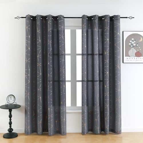 Taisier Home Gold Geometric Line Grommet Top Curtains, Lightweight Semi Sheer Light Filtering Window Drapes with Printing Design, Soft Grey, W52 x L84 Inch, 2 Panels