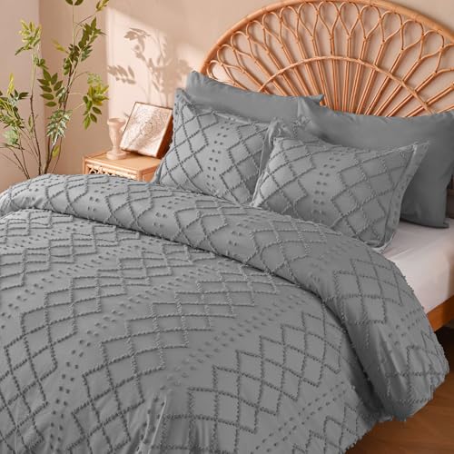 Manyshofu Grey Tufted Duvet Cover Set, 5 Piece Boho King Bedding - Corner Ties Keep Insert Secure, Fade-Resistant Microfiber, Geometric Embroidery Design, Zipper Closure, Machine Washable