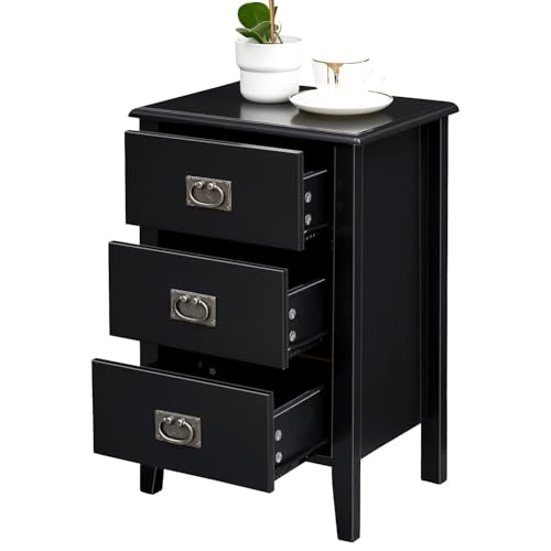 VECELO Bedside Table Modern Nightstands End/Side Cabinet Wooden with 3 Drawers, Metal Knobs and Sturdy Structure for Bedroom/Living Room, Black, 40×30×60cm