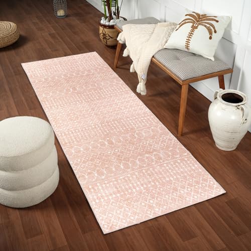 Livabliss Saanjh Brasov Shaggy Runner Design – Living Room Hallway 80x220 cm, Soft Fluffy Bedroom Use, Neutral Boho Look, Plush Thick Pile, Easy Care, Pink Cream