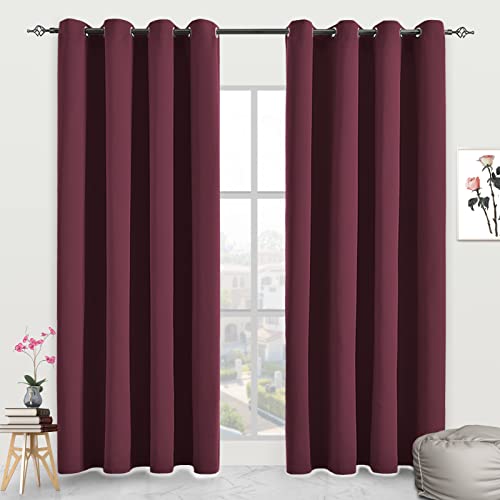 JSFLY Blackout Curtains for Bedroom 2 Panels 52 W x 72 L inch Long Wine - Thermal Insulated Light Blocking Room Darkening Curtains Solid Grommet Window Drapes for Living room