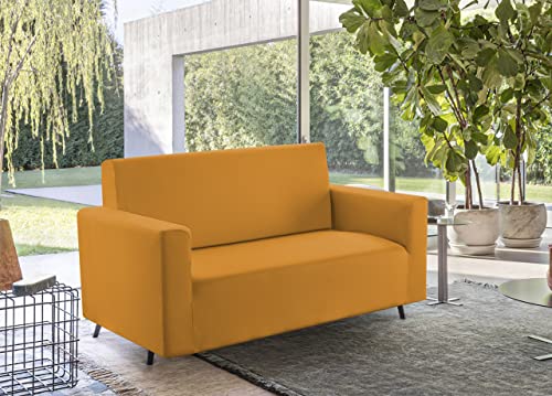 BIANCHERIAWEB Solid Colour Stretch Anti-Stain Shaped Mustard 2 Seater Sofa Cover Mustard