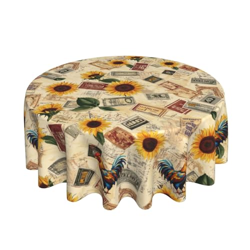 mutakin Retro Rooster Sunflowers Tablecloth Fall Round Table Cover Washable Reusable Decoration Table Cloth for Home Kitchen Party Picnic 60 Inch