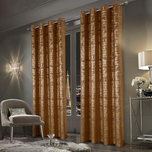 always4u 100% Blackout Soft Velvet Curtains for Bedroom Living Room Thermal Energy Saving 95 Inches Long Luxury Gold Foil Print Drapes 2 Panels Caramel