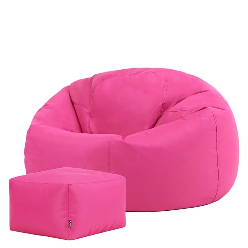 Bean Bag Bazaar Kingston Outdoor Bean Bag and Footstool, Pink, Garden Chair with Footstool, Water Resistant Fabric, Large Gaming Beanbag with Filling Included, Garden Seat, Outdoor Seating