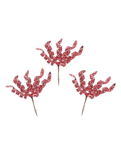 Set of 3 Red Glitter Spiral Christmas Tree Picks, 18cm Sprays - 3 red glitter spiral picks, 18cm Christmas tree sprays for wreaths, garlands, floral arrangements and festive displays