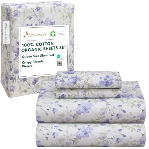 Ruvanti 4-Piece Double Bed Sheet Set, 100% Organic Cotton, Percale Bedding, Soft & Breathable, 40.6 cm Deep Pocket, Crisp Fresh Feel, Durable, Heather Dyed Sheet