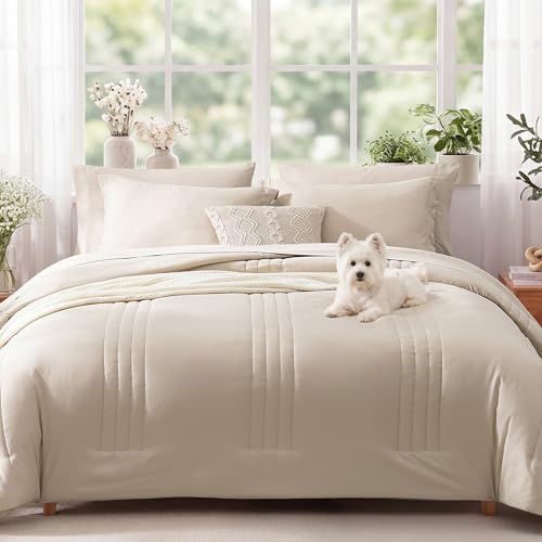 Super King Size Comforter Set-7 Pieces Soft Bed in a Bag King Bedding Sets - Monbix All-Season Vertical Quilted Comforter with Sheets, Pillow Shams & Pillowcases, Beige