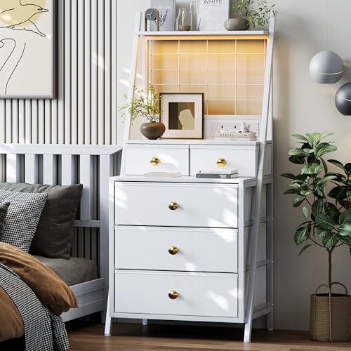Feonase Tall Bedside Table with Charging Station, Black Bedside Cabinet with LED Lights 5 Drawer Night Stand with 3-Tier Storage Shelf for Bedroom Living Room & Dorm (White)
