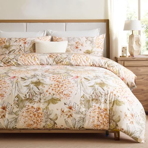 Cozaline 100% Cotton Duvet Cover Queen Size ??? Hydrangea Lily Floral Duvet Cover Set with Zipper Closure & Corner Ties, 3-Piece Silky Soft & Breathable Apricot Bedding Set for All Seasons
