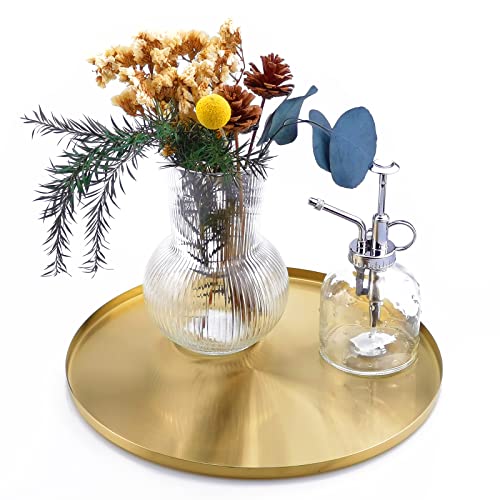 FREELOVE Round Serving Tray, Perfume Organizer Candle Organization Centerpieces for Dinning Preppy Room Decor Coffee Table Desk Vanity Countertop Bathroom Storage Accessories, Light Gold, 12 inch