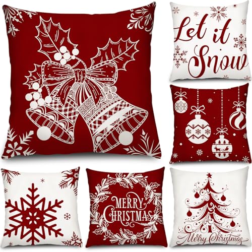 Tatuo 6 Pcs Christmas Pillow Covers, 20 x 20 Inch, Red and White Style - Square Cushion Covers, Snowflake Tree Bell Designs, Sofa Bed Living Room Bedroom Office Winter Seasonal Holiday Decor