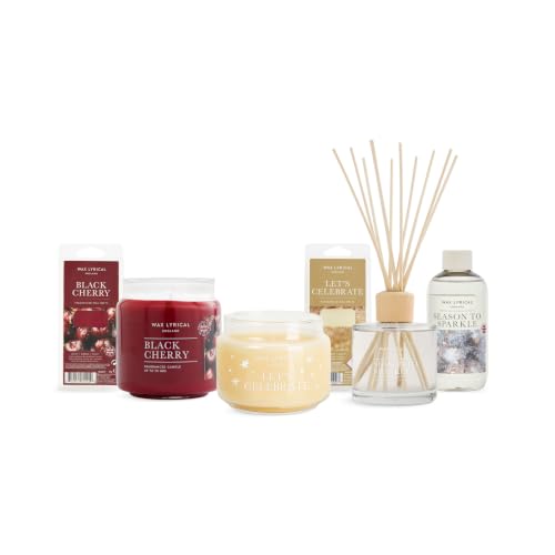 Wax Lyrical Festive Fragrance Collection, Six-Piece Set - Black Cherry, Let's Celebrate and Season to Sparkle Scents, Candles, Wax Melts and a Diffuser with a Refill