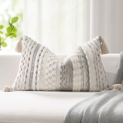 Kevin Textile 12x24 Inch Lumbar Throw Pillow Cover 1 Pack Boho Decorative Soft Chenille Thread Woven Tufted Textured Rectangle Cushion Case Farmhouse Accent for Living Room Couch Sofa Bed, Grey