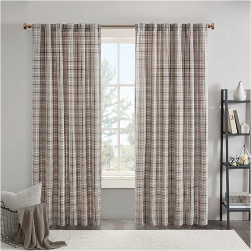 "Madison Park Anaheim Cabin Plaid Curtain Window, Thermal Insulated Fleece Lining, Living Room Decor Light Blocking Drape for Bedroom, 1-Single Panel Pack, 50"" x 108"" Rod Pocket Brown"