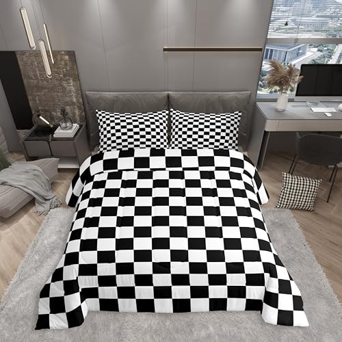 Black and White Plaid Comforter Set Toddler Size, Reversible Geometric Square Grid Bedding Set 2pcs, Kids Boys Teens Room Decor, Soft Lattice Checkerd Down Comforter for All Season, 1 Pillowcase