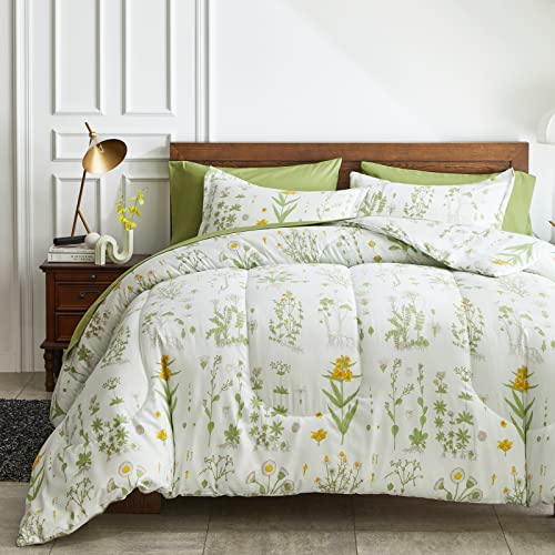 Joyreap 6 Piece Bed in a Bag Twin, Green Leaves Yellow Flower Botanical Design, Smooth Soft Microfiber Comforter Set (1 Comforter, 2 Pillow Shams, 1 Flat Sheet, 1 Fitted Sheet, 1 Pillowcase)