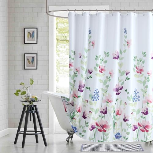 "BESTRIPES Long Fabric Floral Shower Curtain, Green Pink Purple Blue Watercolor Flower Shower Curtains for Bathroom, Waterproof Bathroom Curtains, 72"" W x 78"" H"