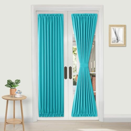 DWCN French Door Curtains ??? Rod Pocket Thermal Blackout Curtain for Window/Patio Doors/Doorways/Classroom/Kitchen for Privacy, 36W by 80L Inches, 1 Panel with Tieback, Turquoise