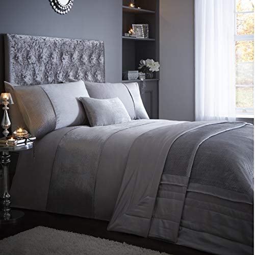 Homespace Direct Modern Silver Double Duvet Quilt Cover & Pillowcase Bedding Set with Metallic Sparkle Panel