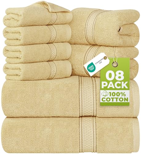 Utopia Towels 8-Piece Premium Towel Set, 2 Bath Towels, 2 Hand Towels, and 4 Wash Cloths, 600 GSM 100% Ring Spun Cotton Highly Absorbent Towels for Bathroom, Gym, Hotel, and Spa (Beige)