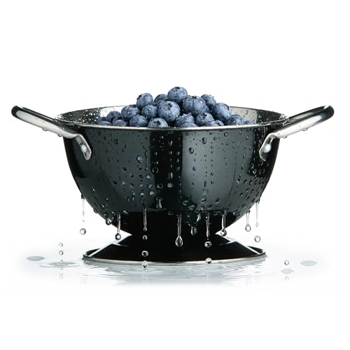 Premier Housewares Stainless Steel Collapsible Colander black Colanders and Food Strainers With Star Shaped Holes Aesthetic Sink Strainer Basket w17 x d14 x h10cm