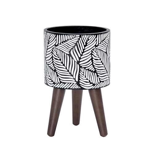 D'vine Dev 8 Inch Planter Pot with Wood Stand, White/Grey, 88-L-A-7 - Mid-Century Modern Style, Elevated Plant Display, Solid Wood Legs, Drainage Hole and Plug, Functional & Stylish