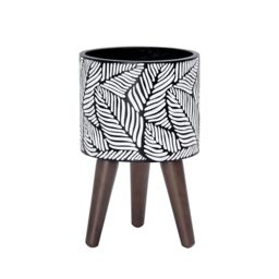 D'vine Dev 8 Inch Planter Pot with Wood Stand, White/Grey, 88-L-A-7 - Mid-Century Modern Style, Elevated Plant Display, Solid Wood Legs, Drainage Hole and Plug, Functional & Stylish