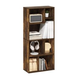 Furinno DALY Book Shelf, 7-Cube Bookshelf, Cube Storage Organizer Bookcase with Irregular Compartments, 24.1 x 48.0 x 106.9 cm, for Living Room, Bedroom, Home Office, Amber Pine