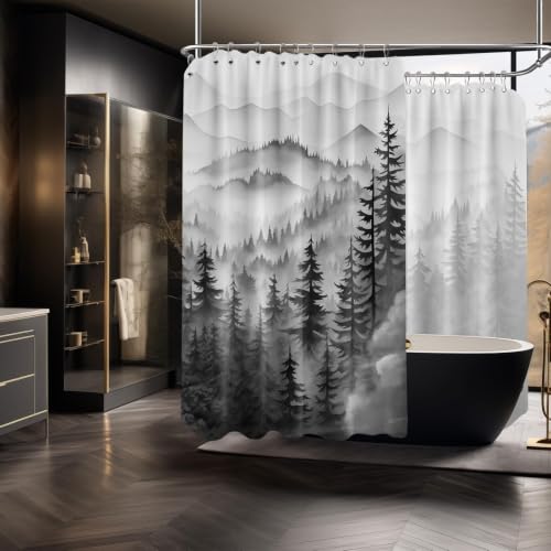 QGHOT Extra Wide Shower Curtain for Clawfoot Tub, 108x72 Inch, Black Forest Nature Mountain Pattern Bathroom Decor, Waterproof Cloth Fabric with Hooks
