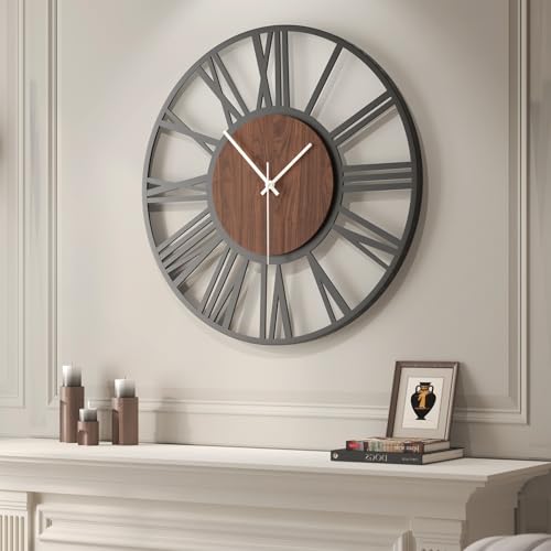 Cuspin 30 Inch Large Wall Clock, Black Metal Decorative Wall Clock with Wood Center Dial, Silent Non Ticking Battery Operated Roman Numeral Round Wall Clock for Living Room, Bedroom, Kitchen, Office