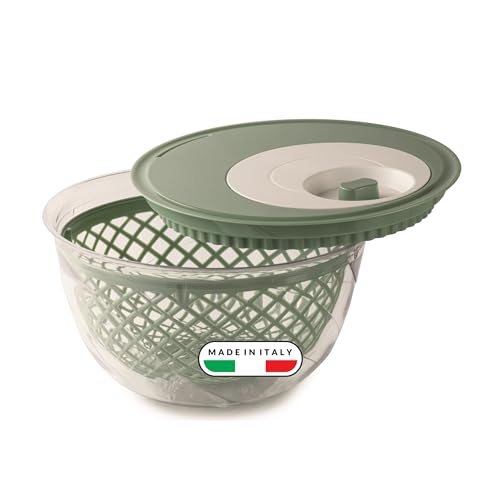 Snips Spin & Serve Salad Spinner 4 L with Draining Lid, Made in Italy - 4 L green salad spinner, 27 x 27 x 15 cm, removable basket, draining lid and transparent serving bowl