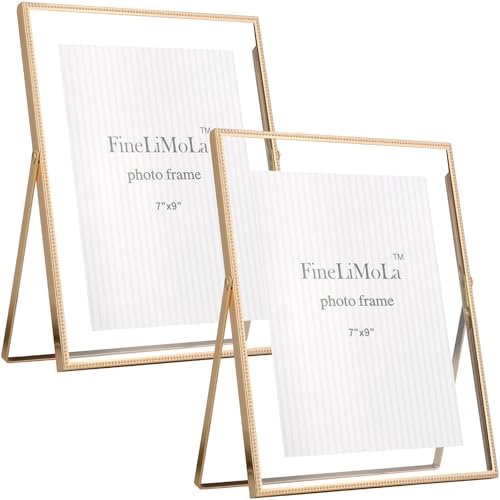 Gold 8x10'' Floating Frame 2Pack for Picture Sizes (5x7'', 6x8'', 7x9'', Beaded Thin Metal Edge Floating Frames 5x7'' gold, Adjustable Tabletop/Shelf Photo Frame, Classy Wedding Gift and Home Office