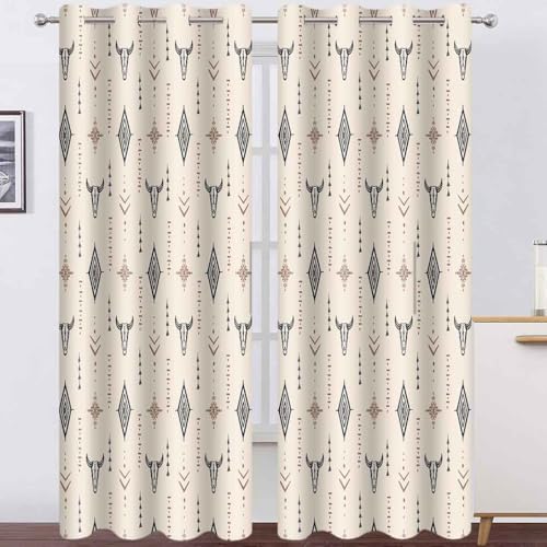 AHBEWIN Aztec Western Blackout Curtains 2 Panels Tribal Bull Skull Boho Drapes Native Cowboys Ethnic Rustic Grommets Window Curtain Drapes for Bedroom Kitchen Living Room, 52x84in