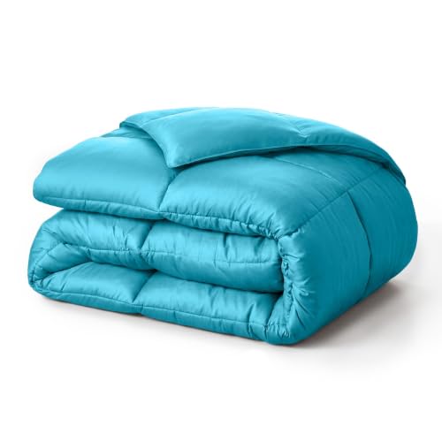 Superior Brushed Microfiber Solid Comforter, Down Alternative Bedding, Reversible, Medium Weight, Fluffy, Decorative, Duvet Insert, Oversized Blanket, Box Quilt Design, King, Winter Blue