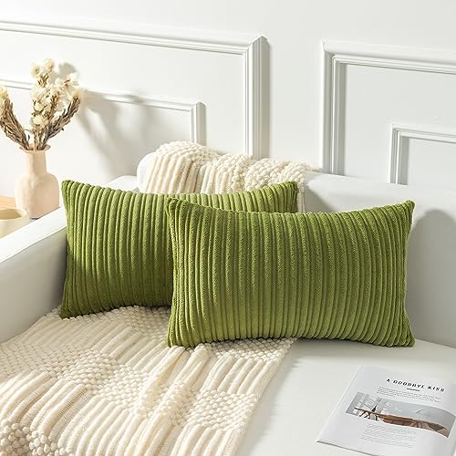 "Kevin Textile Velvet Lumbar Pillow Covers Striped, Spring Decorative Throw Cushion Case with Hidden Zipper for Home Couch/Bedroom/Car, Soft Cozy Solid Oblong, 2 Pack (12""x20"",Green)"