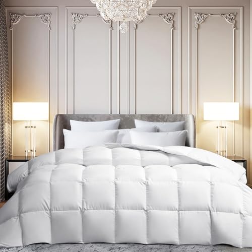 MARTHA STEWART Extra Warmth White Goose Feather Down Fiber Comforter-King Size Duvet Insert, Noiseless Fabric with 84oz Filled Luxury Cloud Fluffy Bed Comforter with 8 Corner Loops, White 106x90inch