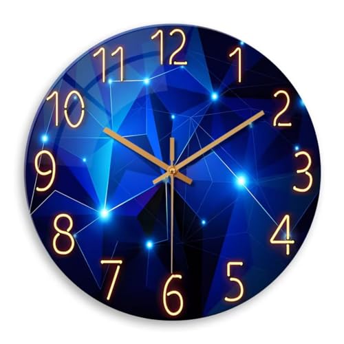 Constantplanet Blue Wall Clock Battery Operated 14 Inch Modern Wall Clock Non Ticking Glass Clock for Living Room