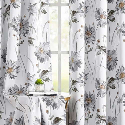 BROSHAN Gray Floral Bedroom Blackout Curtains Short 63 inches Long-Rustic Flower Pattern Window Curtains 2 Panel Sets 100% Light Blocking Thermal Insulated Drapes for Country Living Room,Kitchen